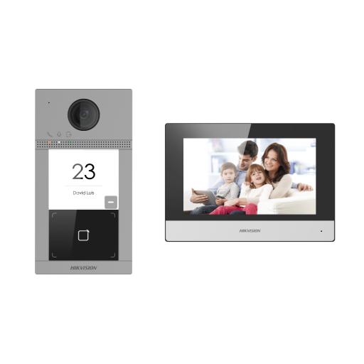 [HIKVISIONDIGITALTECHNOLOGY_DS-KIS604-P(B)] Hikvision Digital Technology Kit de Videoportero IP (Frente de Calle + Monitor + Memoria MicroSD) / Llamada y Apertura Remota desde App Hik-Connect / Soporta 2 Puertas / Apertura con Tarjeta MIFARE 