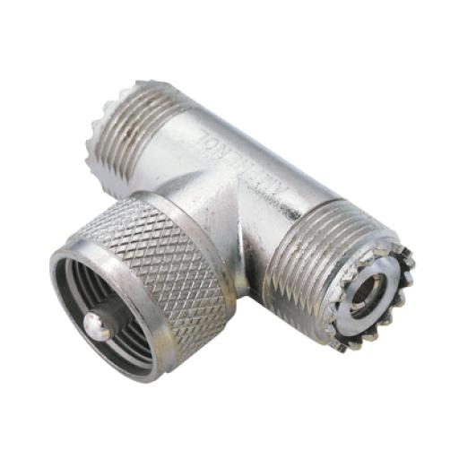 [SYSCOM_83-1T] Syscom Adaptador en "T" AMPHENOL, de UHF Macho (PL-259) a Doble UHF Hembra (SO-239) para WP-629, WP-639, WP-641.