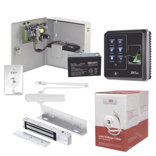 AccessPRO Sistema Completo de Acceso, Incluye Lector Biometrico SF300, Chapa magnética con bracket, Cierra puerta, Botón de Salida, Cable " Gratis ", y fuente profesional con Batería