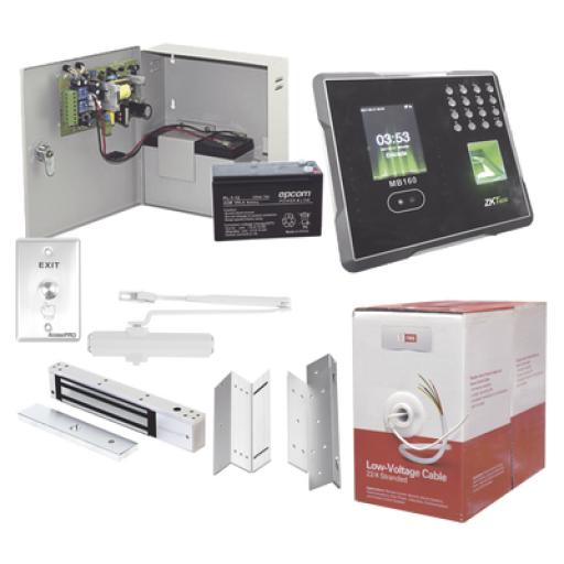 Syscom Sistema Completo de Acceso Y asistencia, Incluye Lector Biometrico MB160ID, Chapa magnética con bracket, Cierra puerta, Botón de Salida, Cable " Gratis ", y fuente profesional con Batería