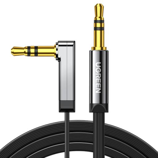 [UGREEN_10599] Ugreen Cable Auxiliar Plano 2 Metros / Conector 3.5mm a 3.5mm / Macho-Macho / Recto a Angulo / Ángulo de 90° en una de sus Puntas / Color Negro