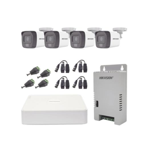 Hikvision Digital Technology Kit TURBOHD 1080p / DVR 4 Canales / 4 Cámaras con Micrófono Integrado y 101° Visión / Luz Blanca + IR Visión Nocturna / Transceptores / Conectores / Fuente de Poder Profesional Compacta