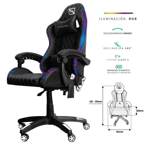 NECNON SILLA GAMER NECNON RGB NGS-01 COJIN LUMBAR Y CABEZA NEG/BLA NBSGR132RG