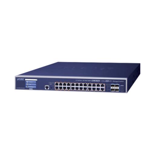 Planet Switch Administrable Capa 3, 24 Puertos Gigabit 802.3bt, Hasta 600 W, 4 Puertos 10 G SFP+, Con Pantalla Táctil para Configuración Básica