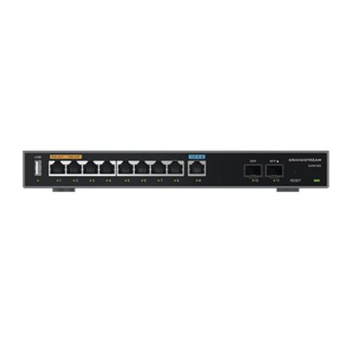 Grandstream Networks Router Gigabit VPN / Balanceador de cargas / 60,000 sesiones NAT /  9 puertos 10/100/1000 Mbps + 2 puertos SFP (WAN/LAN) / 1 puerto entrada PoE(af/at) / 2 puertos salida PoE (af/at) / Compatible con GWN Cloud.
