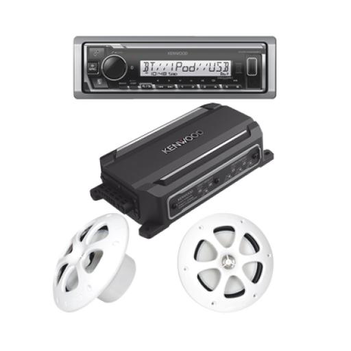 JVC  KENWOOD Kit de estereo con Bluetooth KMR-M332BT | Amplificador KAC-M3004  | mas Par de bocinas KFC-1613MRW