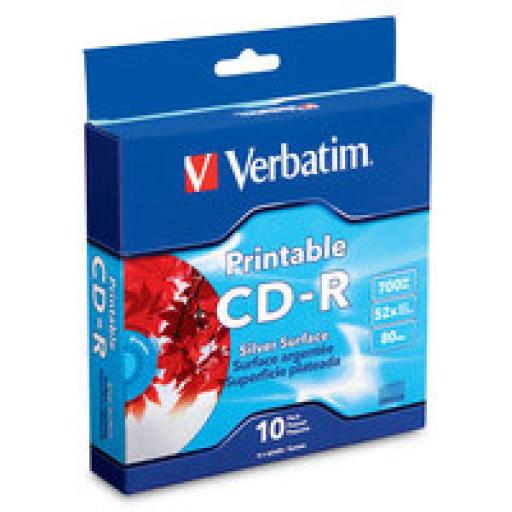 Verbatim CD-R 52X 700MB 80MIN GRABABLE IMPRIMIBLE 10 PZAS CAJA PLATEADO