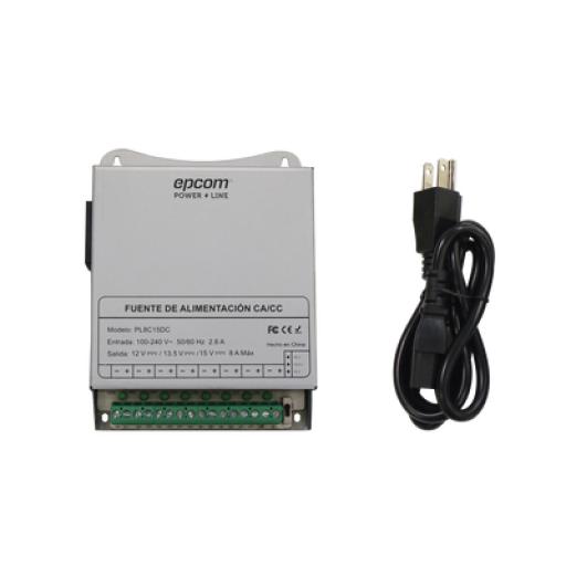 Epcom Fuente de Poder Metálica / Para 8 Cámaras / Ajustables a 12 o 13.5 o 15 Vcc / 8 Amperes / Instalación en Pared o Riel Din.