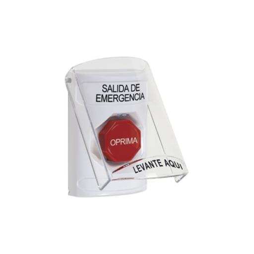 STI Botón de Emergencia, Texto en Español, Tapa Protectora de Policarbonato Súper Resistente, Restablecimiento con Llave