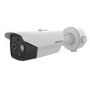 Hikvision Digital Technology Bala IP Dual / Térmica 9.7 mm ( 256 × 192 ) / Óptico 8 mm (4 Megapixel) / 30 mts IR / Exterior IP67 / PoE / Termométrica / Detección de Temperatura / Sirena y Luz Intermitente Integrada / MicroSD