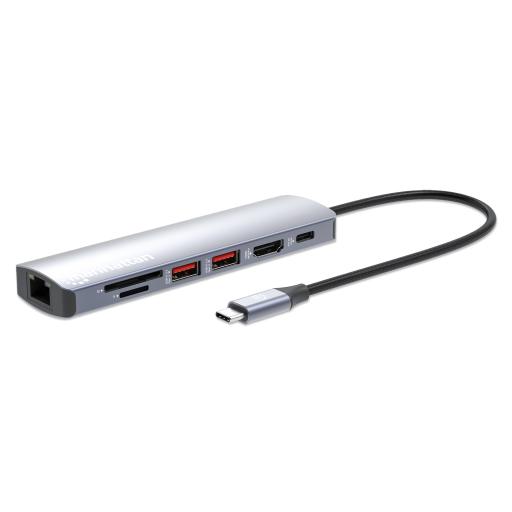 Estación Docking USB-C con lector de tarjetas, 7 en 1 Manhattan Plata.