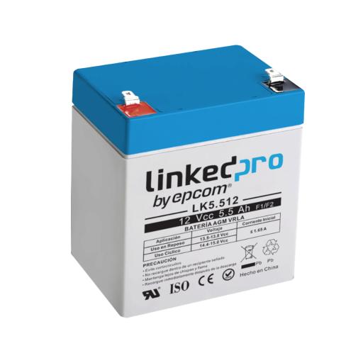 LINKEDPRO BY EPCOM Batería 12 Vcc / 5.5 Ah / UL / Tecnología AGM-VRLA / Para uso en equipo electrónico, Alarmas de Intrusión / Incendio/ Control de acceso / Video Vigilancia / Terminales F1 y F2.