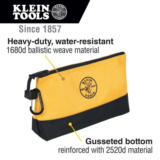 Klein Tools KIT 5 Bolsos Ultra Resistentes para Herramientas con Base y cierre Zipper, Colores: gris claro, amarillo, naranja, azul, gris oscuro. Todos con Mosquetones de Aluminio.
