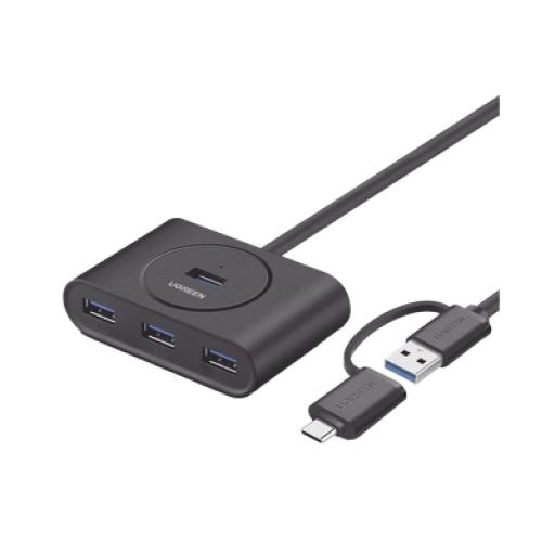 Ugreen HUB USB-A/C 3.0 4 en 1 | Con Conector USB-C | 4 Puertos USB-A 3.0 (5Gbps) | Cable de 25cm | Indicador Led | Ideal para Transferencia de Datos | Entrada Micro USB para alimentar equipos de mayor consumo.