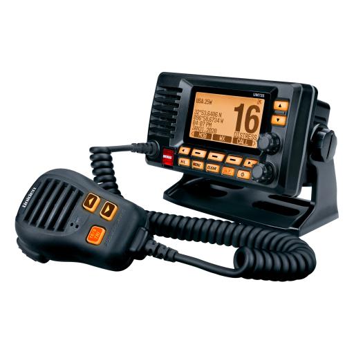 Uniden Radio Móvil Marino VHF, color negro con receptor de GPS integrado, Tx: 156.025 - 157.425 MHz, Rx: 156.050 - 163.275 MHz, 25W de potencia, sumergible IPX8 incluye micrófono y cable de alimentación