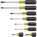 Klein Tools Juego de 8 Desarmadores con Mango Cushion-Grip™: 2 de punta Plana de 1/4'' (6.4 mm) y 5/16'' (7.9 mm); 2 de punta Cabinet de 5/16'' (7.9 mm) y 3/16'' (4.8 mm); tres de punta Phillips n.º 1, n.º 2 y n.º 3; y uno Phillips n.º 2 tip