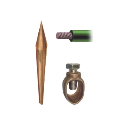 Total Ground Kit Básico para Tierra Física con Varilla de  5/8" de 1.5 m de Largo, Opresor y 3 Metros de Cable Verde Recubierto 8 Awg.