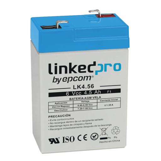 LINKEDPRO BY EPCOM Batería 6 Vcc / 4.5 Ah / UL / Tecnología AGM-VRLA / Para uso en equipo electrónico, Alarmas de Intrusión / Incendio/ Control de acceso / Video Vigilancia / Terminales F1 ( Incluye adaptador para terminal F2 )  y F2.