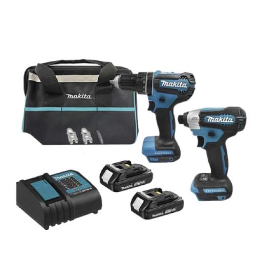Makita Kit de Rotomartillo Atornillador DHP485Z + Atornillador de Impacto DTD157Z, incluye 2 Baterías BL1815N, 1 Cargador DC18SD y Maleta de lona.
