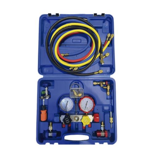 Epcom Juego de manómetros para aire acondicionado, herramienta de carga de refrigerante, doble válvula con adaptadores de acoplamiento rápido, manguera de 1.5 metros para refrigerantes : R410A, R32, R134A, R22 
