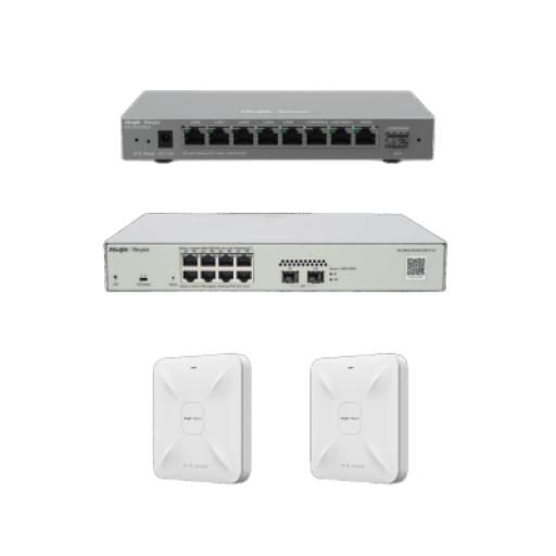 RUIJIE Solución Completa de Red para hasta 200 Clientes y hasta 4 servicios de Internet., Ideal para Iniciar un Proyecto de Hotelería u Oficina