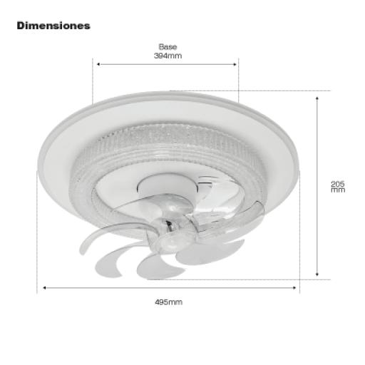 JWJ Ventilador de Techo con Luminario LED de 110 V CA 50/60 Hz /  88 W / 3 Tonos de Luz (6500 - 4 000 - 2 700 K) / Con giro 360° / Diámetro 495 mm / 6 Velocidades / Dimeable.