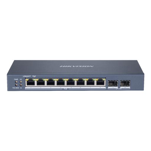 Hikvision Digital Technology Switch Gigabit PoE+ / Administrable / 8 Puertos Gigabit PoE+ / 2 Puertos Gigabit / Configuración Nube Hik-Partner Pro / Modo Extendido hasta 300 Metros / 110 W