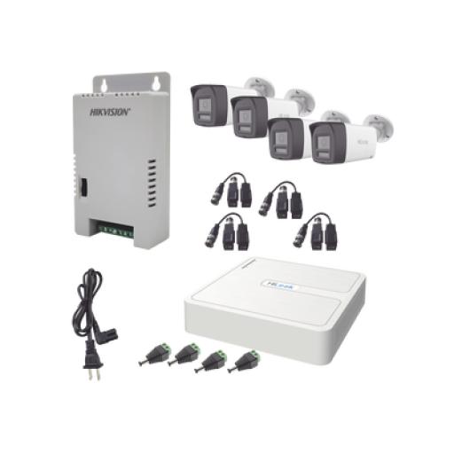 [HIKVISIONDIGITALTECHNOLOGY_HL-1080P-4B-TWA] Hikvision Digital Technology Kit HiLook Audio Bidireccional TurboHD 1080p / DVR 4 Canales / 4 Cámaras Bala (Exterior) con Bocina y Micrófono Integrado / 1 Fuente de Poder / Accesorios