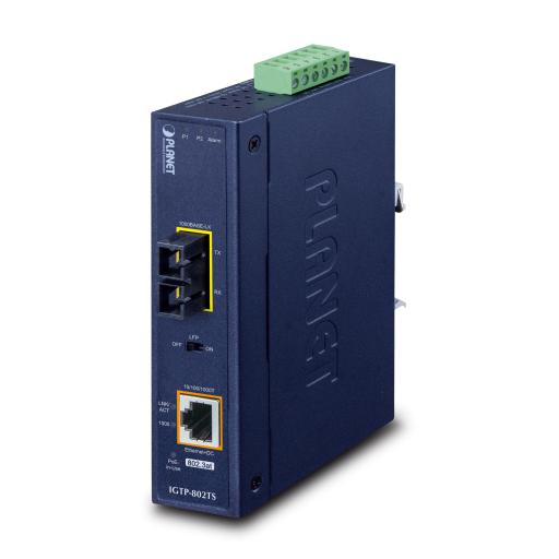 [PLANET_IGTP-802TS] Planet Convertidor de medios industrial PoE+ 1000BASE-LX a 10/100/1000BASE-T 802.3at (SC,SM) -20 km