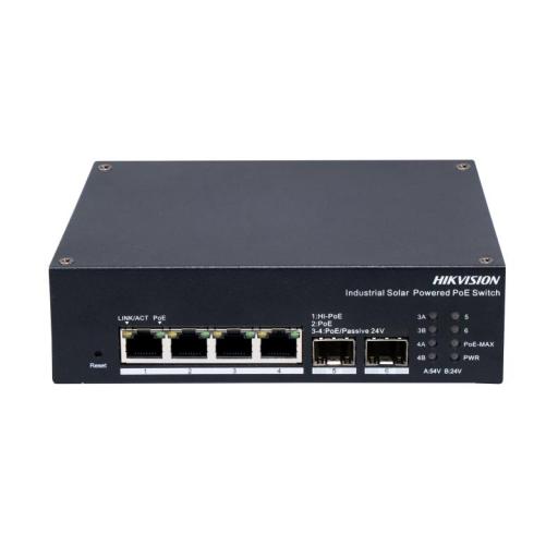Hikvision Digital Technology Switch Industrial Administrable Gigabit / 3 Puertos Gigabit PoE+ (30 W) + 1 Puertos Gigabit PoE++ (60 W) / 2 Puertos SFP / 120 W Total / 48 a 57 VCD / Ideal para Proyectos / 300 Metros de Distancia