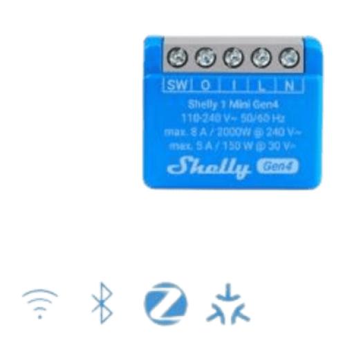 SHELLY Mini Interruptor inteligente con Wi-Fi 2.4 / contacto seco /1 canal 8A, 110 - 240V / compatible con asistentes de voz