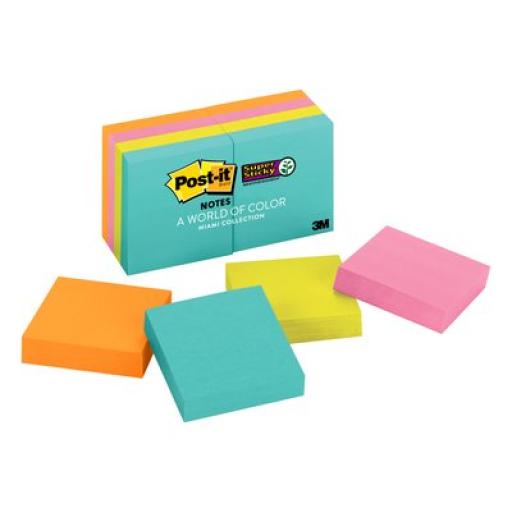 Notas Adhesivas 3M Post-it Super Sticky Miami 2x2 pulg (5X5 cms) block c/90h paq c/8 blocks