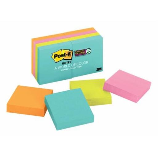 [3M_622-8SSMIA] Notas Adhesivas 3M Post-it Super Sticky Miami 2x2 pulg (5X5 cms) block c/90h paq c/8 blocks