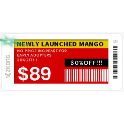 [ZKONG_ZKC21B] ZKONG Etiqueta de Estantería Electrónica ESL ZKE21B / Pantalla EPD 2.13 Pulgadas / Resolución 122x250 Píxeles / 4 Colores (Negro Blanco Rojo Amarillo) / BLE 5.0 con Encriptación AES-128 / Batería 5 Años / NFC / C