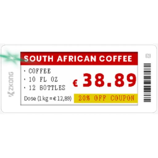 [ZKONG_ZKC29B] ZKONG Etiqueta Electrónica de Estantería ZKE29B / Pantalla EPD Gráfica 2.9 Pulgadas / Resolución 296x128 Píxeles / 4 Colores (Negro Blanco Rojo Amarillo) / BLE 5.0 con Encriptación AES-128 / Batería 5 Años