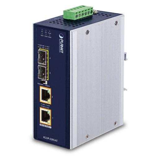 [PLANET_IGUP-2205AT] Planet Convertidor de Medios Industrial de 2 Puertos SFP 100/1000X a 2 Puertos RJ45 10/100/1000T 802.3bt PoE++