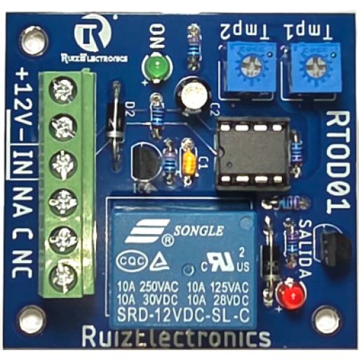 [RUIZELECTRONICS_RTOD01] Ruiz Electronics Tarjeta Temporizadora RTOD01 / Retardo 0-60 segundos / Duración 0-60 segundos / Alimentación 12VDC / Salida Relevador NA-NC-C / Indicadores LED