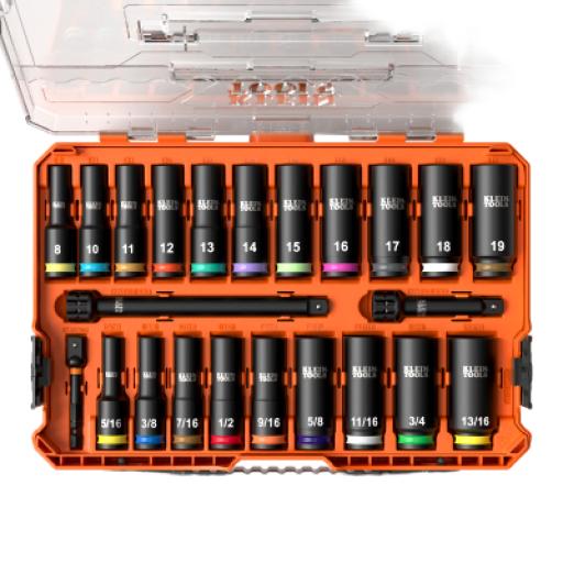 [KLEINTOOLS_65121-IMPCT] Klein Tools Juego de Dados de Impacto KNECT™ (M) / 3/8" Drive Profundo / SAE y Métrico / 23 Piezas / Adapters Multi-Propósito / MODbox™ Case