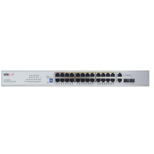 WI-TEK Switch PoE (802.3af/at/bt) / No administrable de largo alcance / Hasta 250m / Con 24 x 10/100Mbps + 2 x SFP Gigabit Combo / 250 W