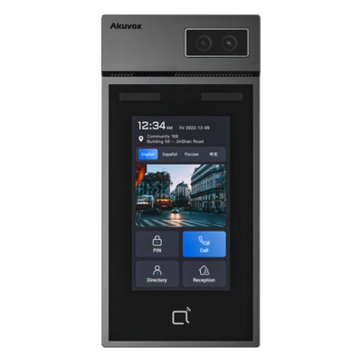 AKUVOX Videoportero + Montaje en Pared / Módulo Opcional de Huella / Pantalla Táctil IPS de 5 Pulgadas / Cámara de 2MP con Auto iluminación / Rostro, Tarjeta, PIN, BLE, QR / Compatible SIP y ONVIF / IP66 / IK08 / POE