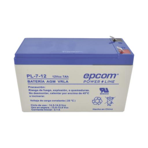 Epcom Batería 12 Vcc / 7 Ah / UL / Tecnología AGM-VRLA / Para uso en equipo electrónico Alarmas de intrusión / Incendio/ Control de acceso / Video Vigilancia / Terminales F1 / Cargador recomendado CHR-80.