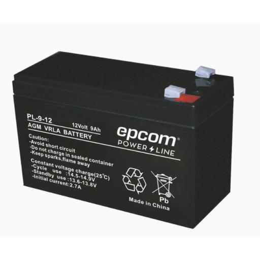 Epcom Batería 12 Vcc / 9 Ah / UL / Tecnología AGM-VRLA / Para uso en equipo electrónico Alarmas de intrusión / Incendio/ Control de acceso / Video Vigilancia / Terminales F1 / Cargador recomendado CHR-80.