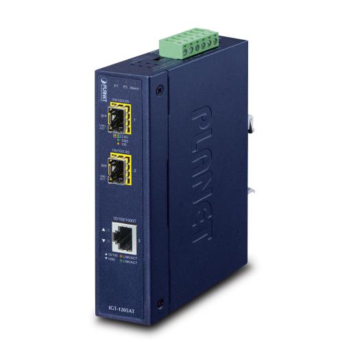 [PLANET_IGT-1205AT] Planet Convertidor de Medios Industrial de 1 Puerto Ethernet 10/100/1000 Base-T a 2 Puertos SFP 100/1000/2500 Base-X