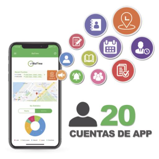 [ZKTECO_BIOTIMEAPP20] ZKTeco Licencia para realizar checadas de asistencia desde Smartphone (APP) con envío de fotografía y ubicación por GPS / Compatible con BIOTIMEPRO / Licencia para 20 usuarios