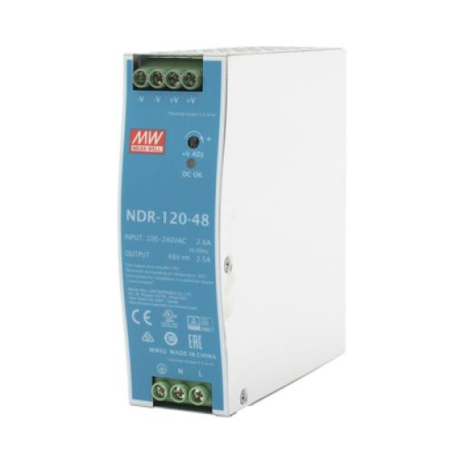 [MEANWELL_NDR-120-48] MEANWELL Fuente de poder industrial de 120 W, salida 48 Vcc, entrada 90~264 VCA, para montaje en riel DIN, 