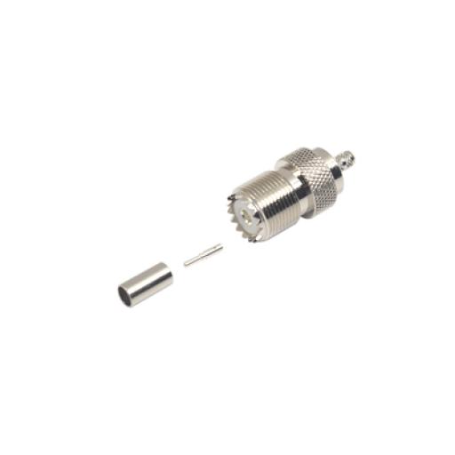 [RFINDUSTRIES_RFU-527] RF Industries Conector UHF Hembra (SO-239) en Línea, de Anillo Plegable para Cable RG-58/U, RG-142/U, Níquel/ Plata/ Delrin.