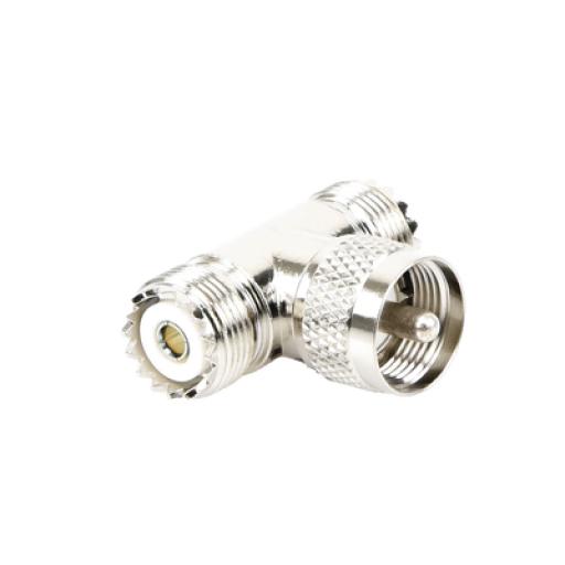 [RFINDUSTRIES_RFU-533] RF Industries Adaptador en forma T, de Conector UHF Macho (PL-259) a Doble UHF Hembra (SO-239), Níquel/ Plata/ Delrin.