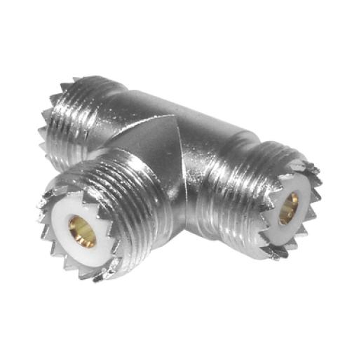 [RFINDUSTRIES_RFU-534] RF Industries Adaptador en forma T, de Conector UHF Hembra (SO-239) a Doble Conector UHF Hembra, Níquel/ Plata/ Delrin.