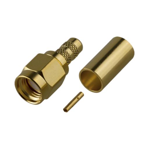 [RFINDUSTRIES_RP-3000-1C] RF Industries Conector SMA Macho Inverso de Anillo Plegable para cables 8240, RG-58/U, Oro/ Oro/ Teflón.