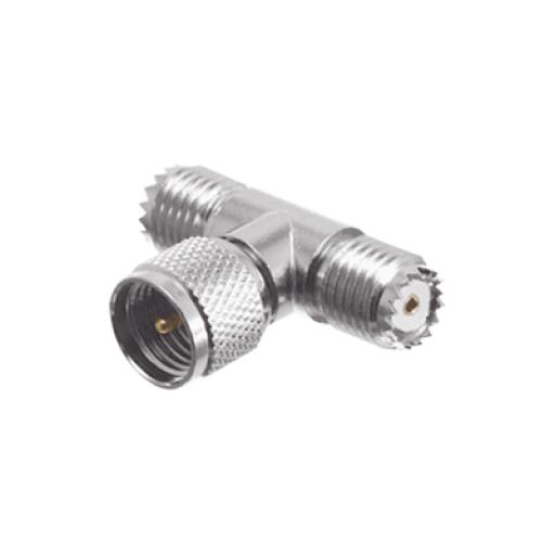 [RFINDUSTRIES_RFU-631] RF Industries Adaptador en T de Conector Mini-UHF Macho a Doble Mini-UHF Hembra, Níquel/ Plata/ Teflón.